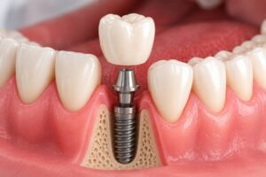 Ilustração de implante dentário em Brasília mostrando pino de titânio, componente protético e coroa dentária.